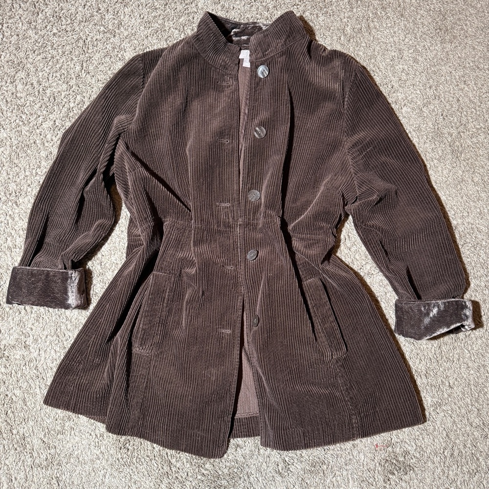 J. Jill Womens Brown Corduroy Long Sleeve Button Front Jacket Sz L Velvet Collar